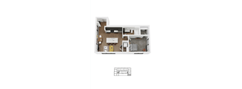 A floor plan of a small apartment with a kitchen, living room, and bathroom.