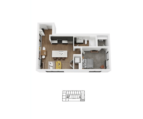 A floor plan of a small apartment with a kitchen, living room, and bathroom.