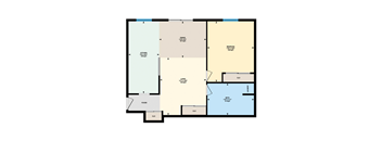 A floor plan of a house with a living room, dining room, kitchen, and bathroom.
