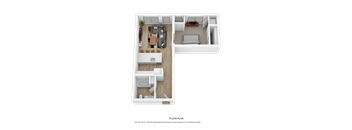 A floor plan of a house with a living room, kitchen, and two bedrooms.