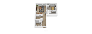 A floor plan of a house with a living room, kitchen, and two bedrooms.