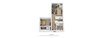 A floor plan of a small apartment with a living room, kitchen, and bedroom.