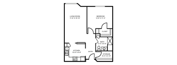 A black and white image of a floor plan for a small apartment.
