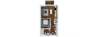 a stylized floor plan with a bedroom and a bathroom