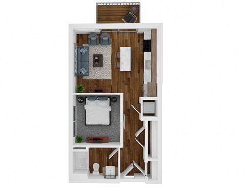 a stylized floor plan with a bedroom and a bathroom