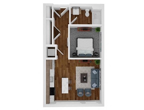 a stylized floor plan with a bedroom and a living room