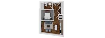 a stylized floor plan with a bedroom and a living room