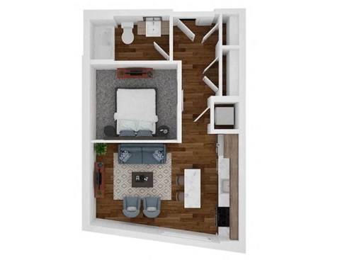 a stylized floor plan with a bedroom and a living room