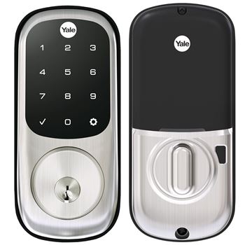 A Yale door lock with a keypad and keyhole.
