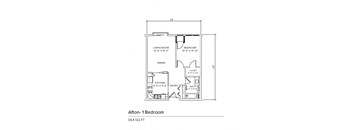 A floor plan of a 1 bedroom apartment sized 654 square feet.