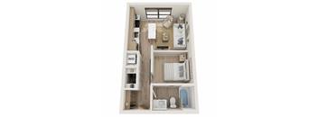 A dollhouse with a white interior and furniture.