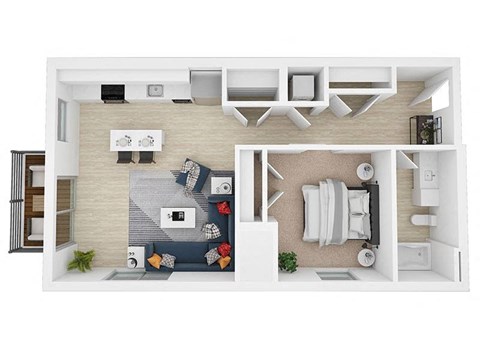 A top-down view of a modern apartment layout with a living room, kitchen, and bathroom.