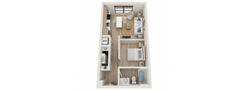 A top down view of a small apartment with a kitchen, living room, and bathroom.