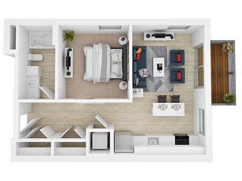 A top-down view of a modern, minimalist apartment with a kitchen, living room, and bedroom.