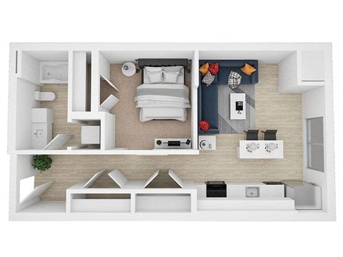 A top-down view of a modern apartment layout with a bedroom, living room, kitchen, and bathroom.