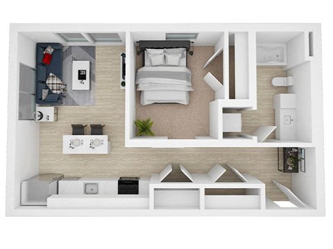 A top-down view of a small, modern apartment with a bed, a desk, and a kitchenette.