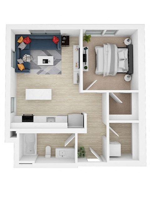 A top-down view of a small apartment with a kitchen, living room, and bedroom.