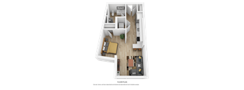 A floor plan of a house with a living room, kitchen, and two bedrooms.