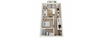 A top-down view of a small apartment with a bedroom, living room, and kitchen area.