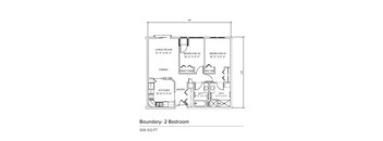 A floor plan of a 2 bedroom apartment with dimensions.