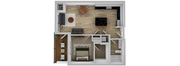 an overhead view of a room with a bedroom and a living room