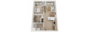A top down view of a small apartment with a bedroom, living room, and kitchen.