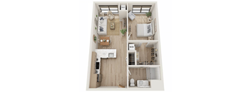 A top-down view of a small apartment with a kitchen, living room, and bedroom.