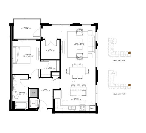 A floor plan of a building with rooms labeled, including a living room, two bedrooms, a bathroom, and a kitchen.