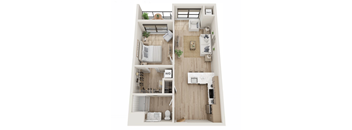 A top-down view of a small apartment with a bedroom, living room, and bathroom.