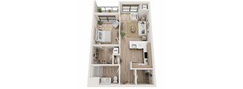 A floor plan of a small apartment with a bedroom, living room, and kitchen.