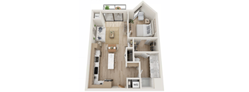 A floor plan of a small apartment with a kitchen, living room, and bathroom.