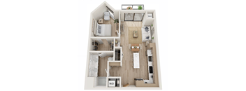 A top-down view of a small apartment with a living room, kitchen, and bedroom.