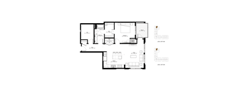 A floor plan of a two-story house with a living room, two bedrooms, a bathroom, and a kitchen.