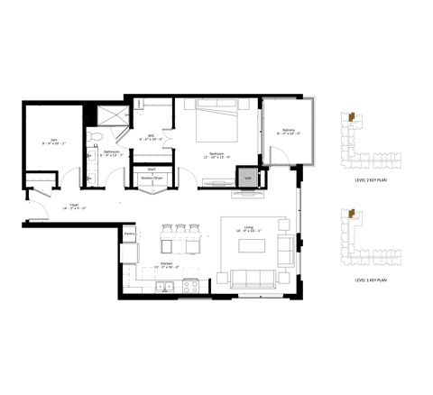 A floor plan of a building with multiple rooms and labeled areas.