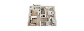 A top-down view of a small apartment with a kitchen, living room, and bathroom.