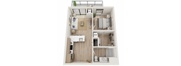 A top-down view of a small apartment with a living room, kitchen, and bathroom.