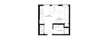 A black and white image of a floor plan for a home with a kitchen, living room, bathroom, and closet.