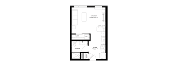 A black and white image of a floor plan for a small apartment.