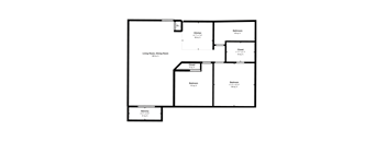 A black and white image of a floor plan for a home with a living room, dining room, kitchen, bathroom, two closets, two bedrooms, and a balcony.