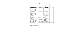 A drawing of a 2 bedroom Cedar apartment with dimensions.