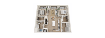A top-down view of a small apartment layout with a living room, kitchen, and bedrooms.