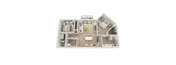 A floor plan of a small apartment with a living room, kitchen, and two bedrooms.