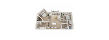 A floor plan of a small apartment with a kitchen, living room, and bedrooms.