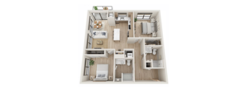 A top-down view of a small apartment layout with labeled rooms.