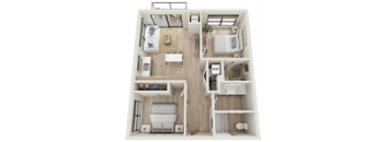 A top-down view of a small apartment with a kitchen, living room, bedroom, and bathroom.