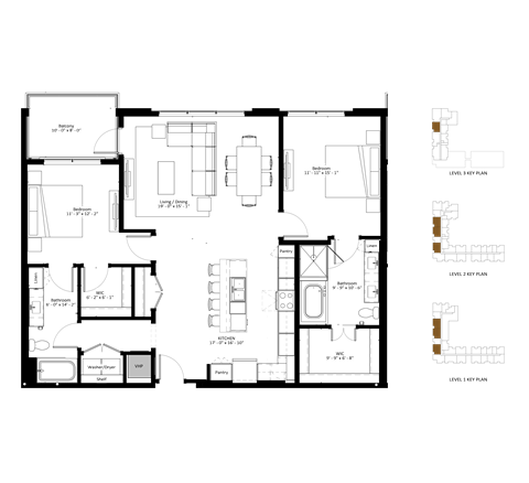 A floor plan of a building with multiple rooms and labeled areas.