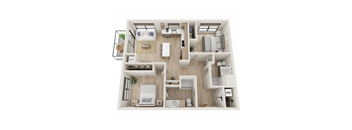 A top-down view of a modern apartment layout with labeled rooms.