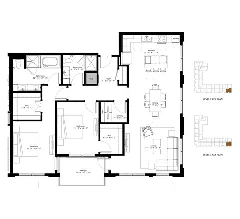 A floor plan of a house with labeled rooms and a garage.