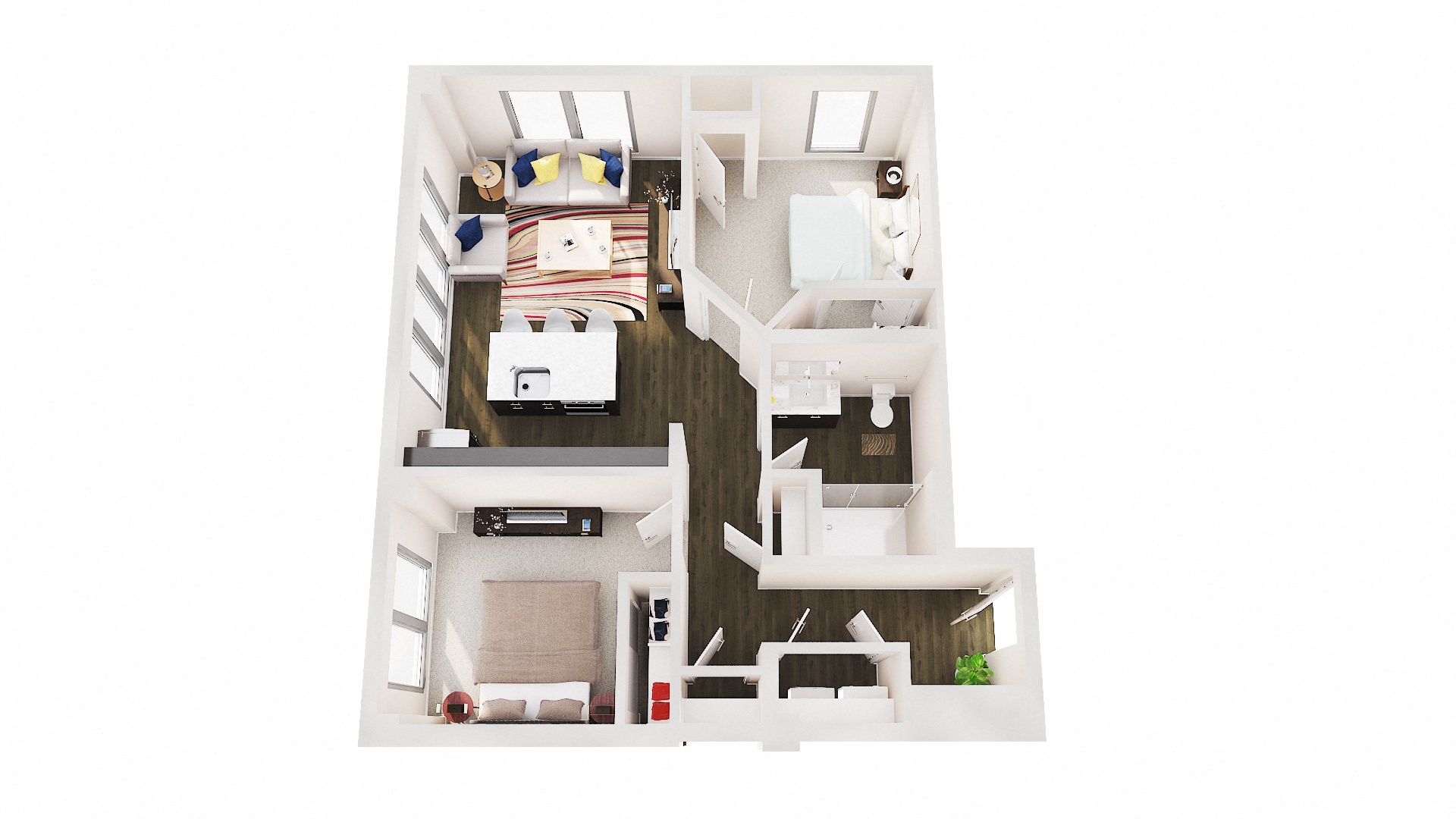 a bedroom floor plan with a bed and a desk