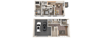 A top-down view of a two-story house with a living room, kitchen, and two bedrooms.